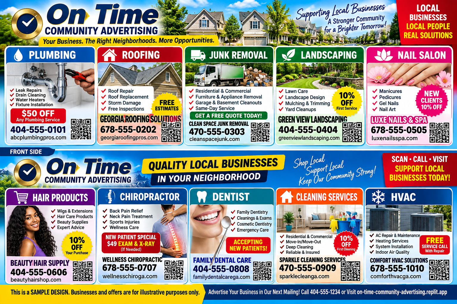 Original ON TIME COMMUNITY ADVERTISING sample postcard, shown exactly as provided.